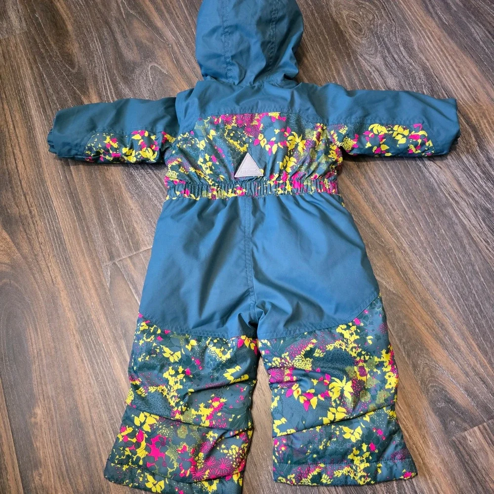 LL Bean Kids Cold Buster Snow Suit 12-18M Teal Floral Insulated One Piece Hooded